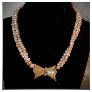Double Strand Pink Pearl Antique Bow Necklace